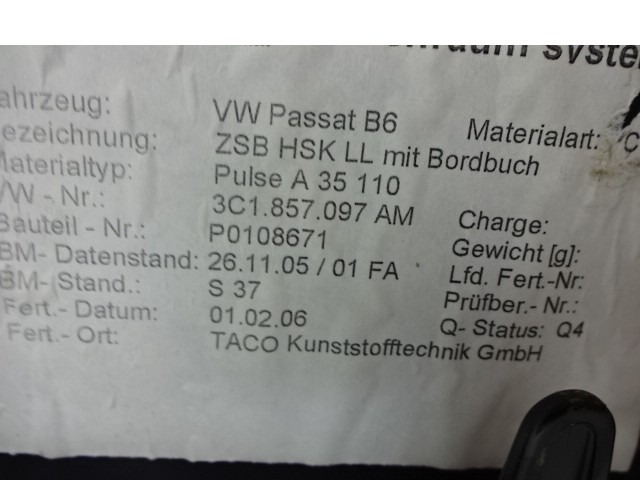 PREDAL ZA DOKUMENTE OEM N. 3C1857101 ORIGINAL REZERVNI DEL VOLKSWAGEN PASSAT B6 3C2 3C5 BER/SW (2005 - 09/2010)  DIESEL LETNIK 2006