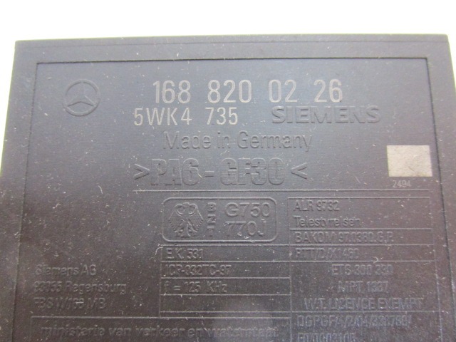RACUNALNIK AVTOALARMA/BLOKADA MOTORJA OEM N. 1688200226 ORIGINAL REZERVNI DEL MERCEDES CLASSE A W168 5P V168 3P 168.031 168.131 (1997 - 2000) BENZINA LETNIK 1999
