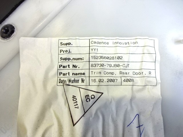 VRATNI PANEL OEM N. PNPDTFT16FYSV5P ORIGINAL REZERVNI DEL FIAT SEDICI FY (2006 - 4/2009) DIESEL LETNIK 2007