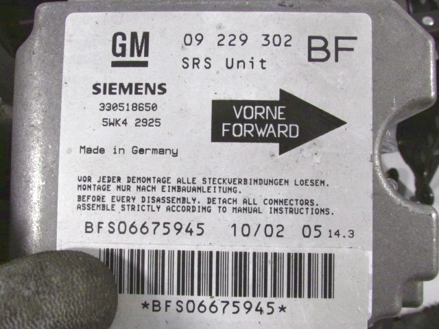 KIT AIRBAG KOMPLET OEM N. 9229302 ORIGINAL REZERVNI DEL OPEL ASTRA G T98 5P/3P/SW (1998 - 2003) DIESEL LETNIK 2002