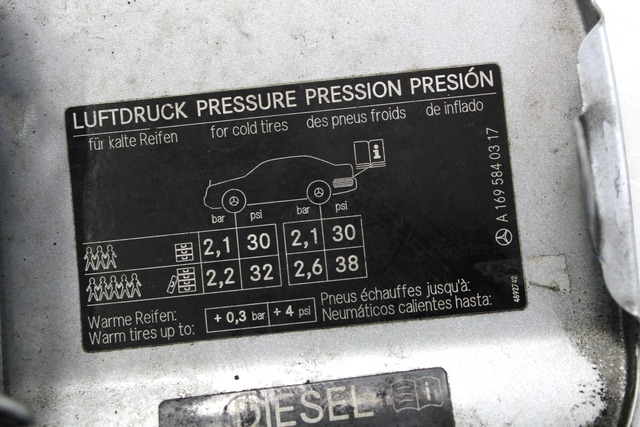 LOPUTA GORIVA OEM N. A1697500106 ORIGINAL REZERVNI DEL MERCEDES CLASSE A W169 5P C169 3P (2004 - 04/2008) DIESEL LETNIK 2008