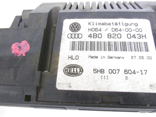 KONTROLNA ENOTA KLIMATSKE NAPRAVE / AVTOMATSKA KLIMATSKA NAPRAVA OEM N. 4B0820043H ORIGINAL REZERVNI DEL AUDI A6 C5 4B 4B5 4B2 BER/SW (1997 - 2001) DIESEL LETNIK 2000