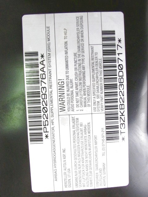 ZRACNA BLAZINA ZA KOLENA OEM N. 52029376AA ORIGINAL REZERVNI DEL CHRYSLER VOYAGER/GRAN VOYAGER RG RS MK4 (2001 - 2007) DIESEL LETNIK 2007