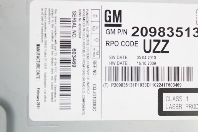 RADIO CD / OJACEVALNIK / IMETNIK HIFI OEM N. 20983513 ORIGINAL REZERVNI DEL OPEL ASTRA J P10 5P/3P/SW (2010 - 2015) DIESEL LETNIK 2011