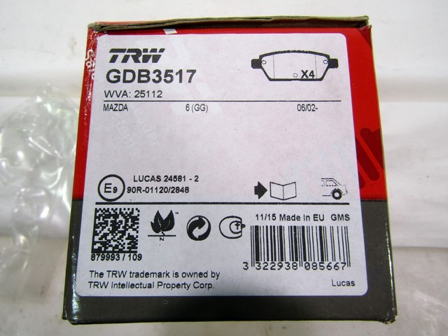 GDB3517 KIT PASTIGLIE FRENO POSTERIORI TRW MAZDA 6 2.3 AWD 119 KW RICAMBIO NUOVO