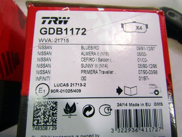 GDB1172 KIT PASTIGLIE FRENO POSTERIORI TRW NISSAN ALMERA 1.5 B 66 KW RICAMBIO NUOVO