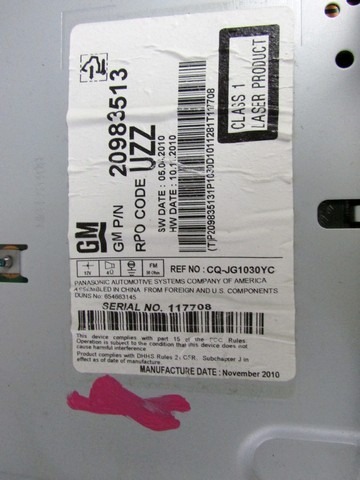 RADIO CD / OJACEVALNIK / IMETNIK HIFI OEM N. 20983513 ORIGINAL REZERVNI DEL CHEVROLET CRUZE J300 J305 (2009 - 2019) DIESEL LETNIK 2011