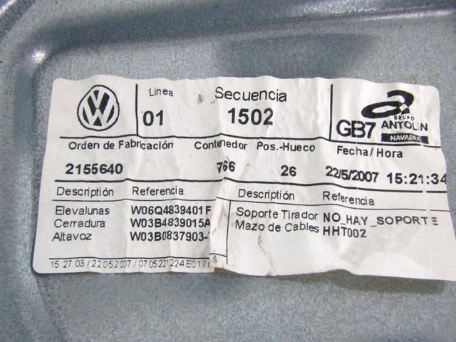 ROCNI SISTEM ZA DVIGOVANJE ZADNJEGA STEKLA  OEM N. 6Q4839461 ORIGINAL REZERVNI DEL VOLKSWAGEN POLO 9N R (2005 - 10/2009) DIESEL LETNIK 2007