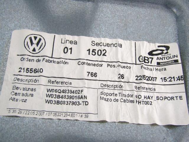 ROCNI SISTEM ZA DVIGOVANJE ZADNJEGA STEKLA  OEM N. 6Q4839462F ORIGINAL REZERVNI DEL VOLKSWAGEN POLO 9N R (2005 - 10/2009) DIESEL LETNIK 2007