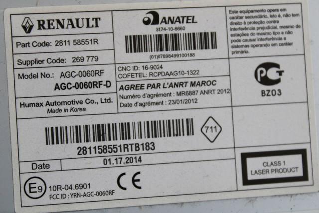 RADIO CD / OJACEVALNIK / IMETNIK HIFI OEM N. 281158551R ORIGINAL REZERVNI DEL RENAULT CAPTUR J5 H5 (2013 - 2019) DIESEL LETNIK 2014