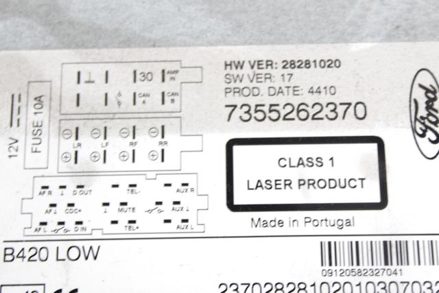 RADIO CD / OJACEVALNIK / IMETNIK HIFI OEM N. (D)7355262370 ORIGINAL REZERVNI DEL FORD KA RU8 MK2 (2008 - 2016) BENZINA LETNIK 2011