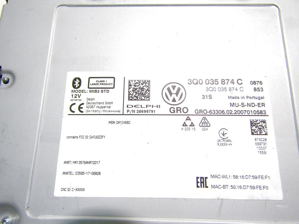 KRMILNA ENOTA NAVIGACIJSKE ENOTE OEM N. 3Q0035874C ORIGINAL REZERVNI DEL VOLKSWAGEN T-ROC A11 (DAL 2017)  DIESEL LETNIK 2020