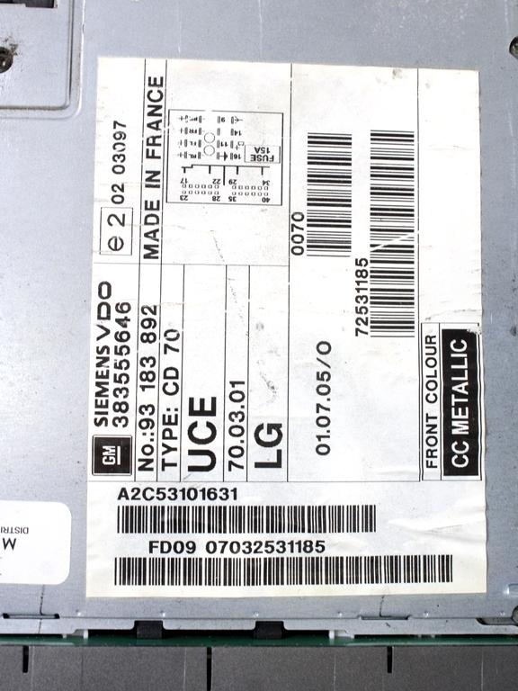 RADIO CD / OJACEVALNIK / IMETNIK HIFI OEM N. 93183892 ORIGINAL REZERVNI DEL OPEL ASTRA H A04 L48,L08,L35,L67 5P/3P/SW (2004 - 2007) DIESEL LETNIK 2005