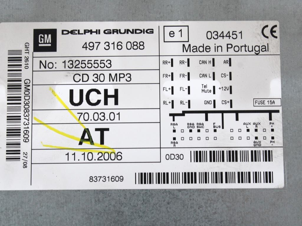 RADIO CD / OJACEVALNIK / IMETNIK HIFI OEM N. 13255553 ORIGINAL REZERVNI DEL OPEL ASTRA H A04 L48 L08 L35 L67 R 5P/3P/SW (2007 - 2010) DIESEL LETNIK 2008