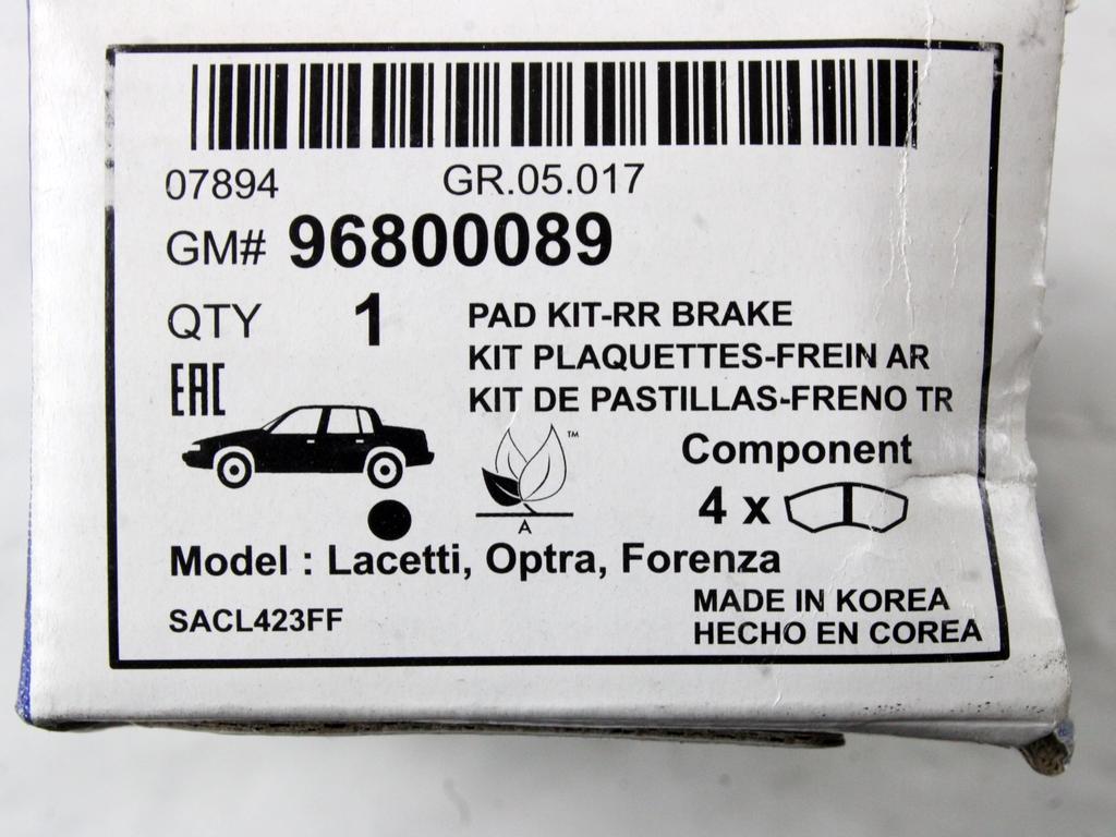 96800089 KIT PASTIGLIE FRENO POSTERIORI DAEWOO LACETTI 1.8 B 90KW (2004) RICAMBIO NUOVO