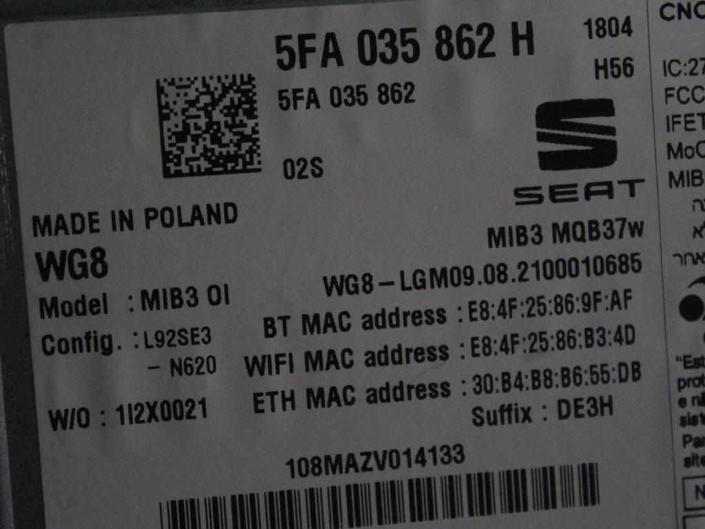 KRMILNA ENOTA NAVIGACIJSKE ENOTE OEM N. 5FA035862H ORIGINAL REZERVNI DEL CUPRA FORMENTOR KM7 (DAL 2020) DIESEL LETNIK 2021
