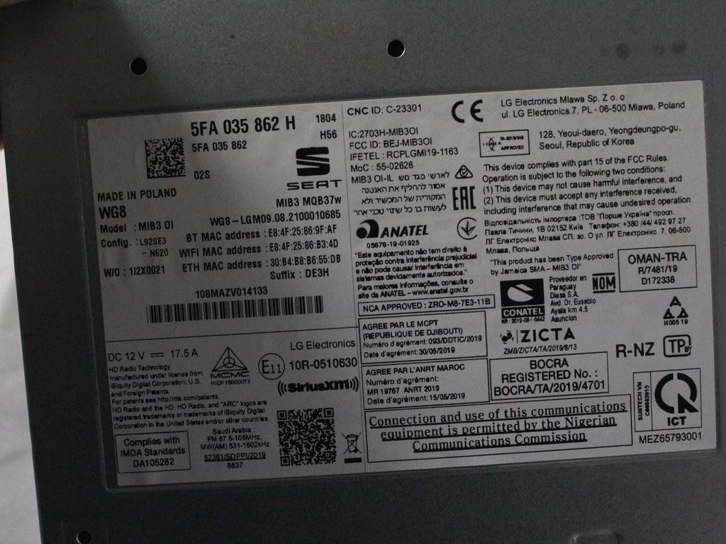 KRMILNA ENOTA NAVIGACIJSKE ENOTE OEM N. 5FA035862H ORIGINAL REZERVNI DEL CUPRA FORMENTOR KM7 (DAL 2020) DIESEL LETNIK 2021