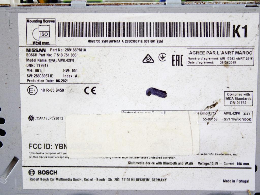 RADIO CD / OJACEVALNIK / IMETNIK HIFI OEM N. 259156PM1A ORIGINAL REZERVNI DEL NISSAN JUKE F16 (DAL 2019)BENZINA LETNIK 2021