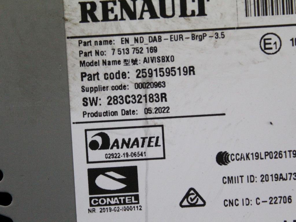 REZERVNI DELI, RADIJSKO-NAVIGACIJSKE NAPRAVE OEM N. 259159519R ORIGINAL REZERVNI DEL RENAULT CLIO B7 SCE MK5 (DAL 2019)IBRIDO (ELETRICO-BENZINA) LETNIK 2022
