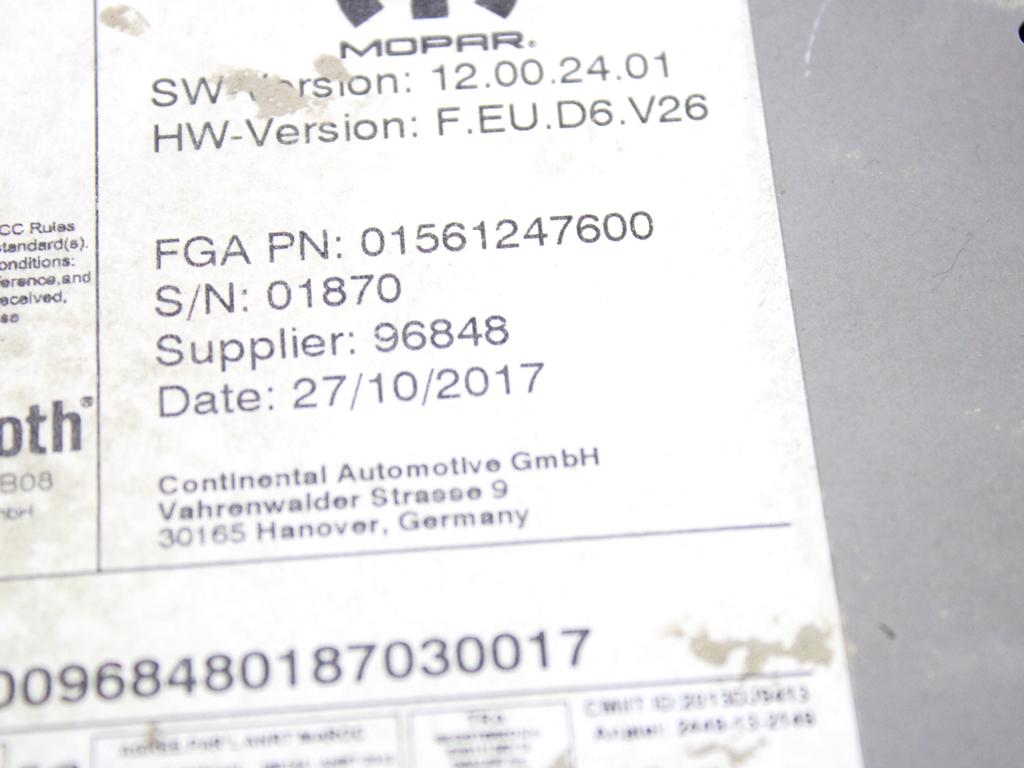 156124760 AUTORADIO SISTEMA MULTIMEDIALE ALFA ROMEO GIULIETTA 1.4 G 88KW 6M 5P (2018) RICAMBIO USATO (NON FORNIAMO CODICE AUTORADIO MA SOLO NUMERO DI TELAIO VEICOLO)