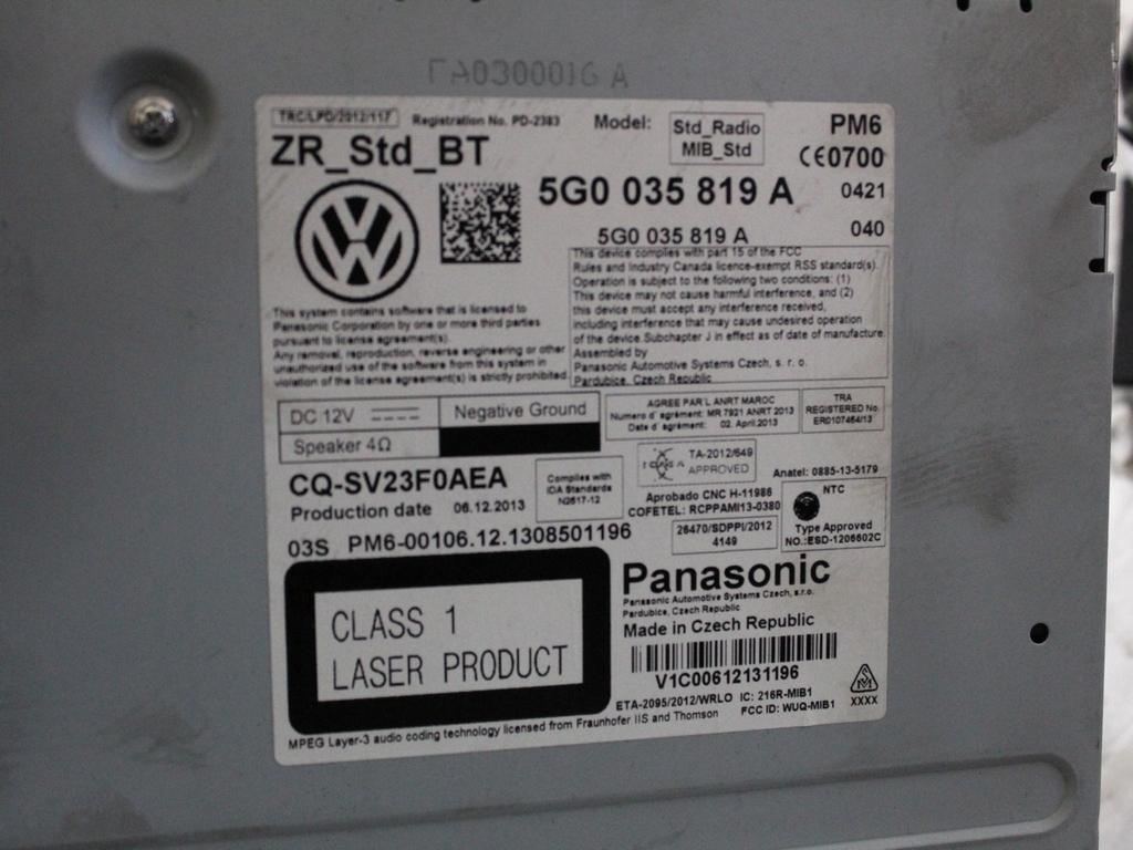 5G0035819A CENTRALINA AUTORADIO LETTORE CD VOLKSWAGEN GOLF 7 1.6 D 77KW 5M 5P (2014) RICAMBIO USATO