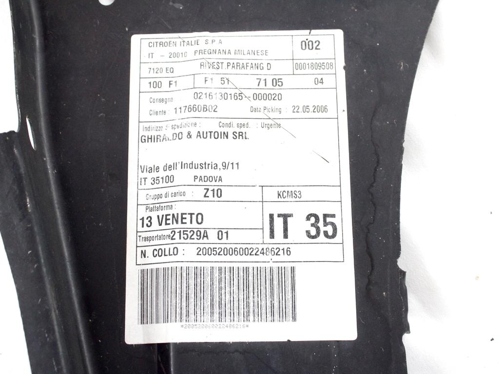 7120EQ RINFORZO LONGHERONE PARAFANGO ANTERIORE DESTRO PEUGEOT 206 1.4 65KW 3P B 5M (2004) RICAMBIO USATO