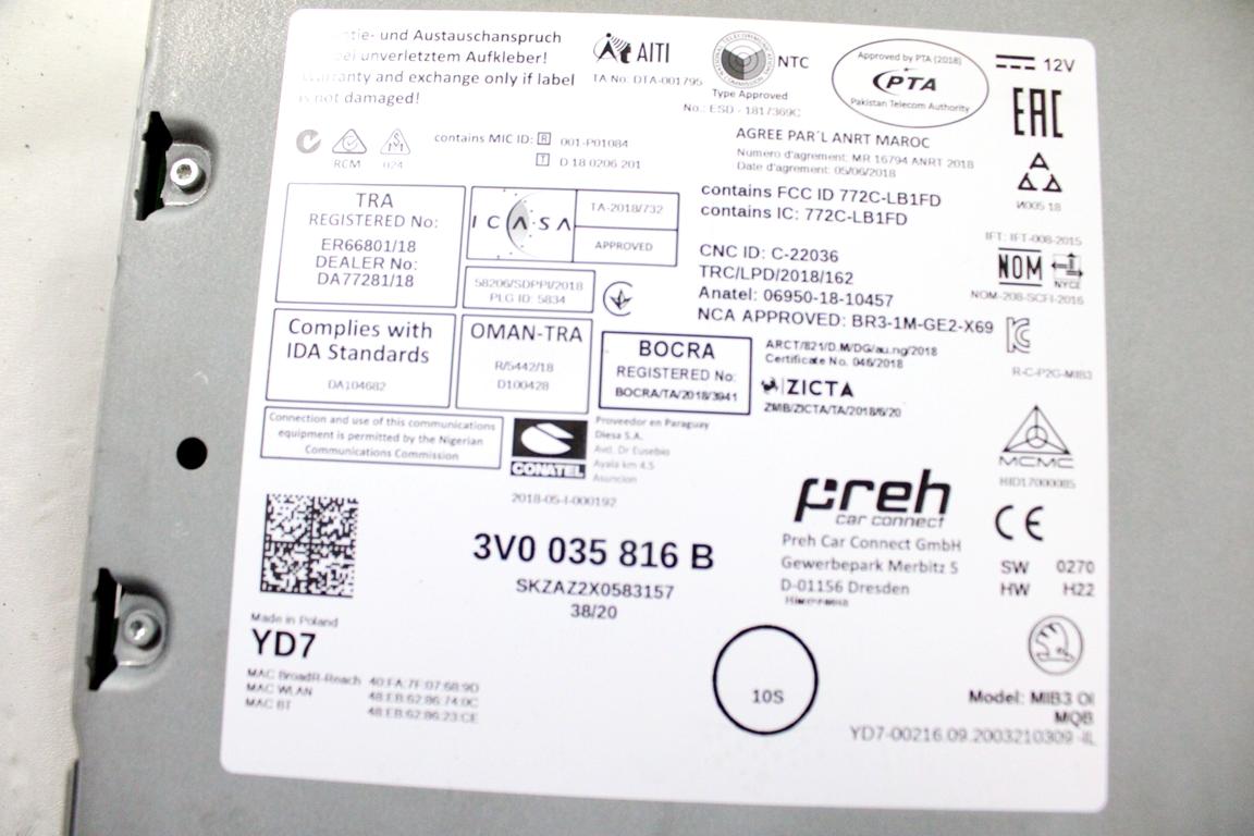 3V0035816B CENTRALINA SISTEMA DI NAVIGAZIONE SATELLITARE SKODA KAMIQ 1.6 D 85KW AUT 5P (2020) RICAMBIO USATO