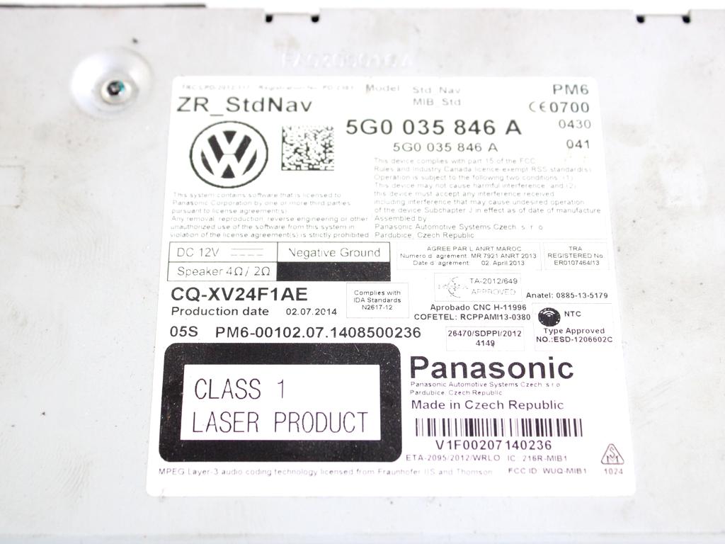 5G0035846A CENTRALINA MULTIMEDIALE SISTEMA DI NAVIGAZIONE SATELLITARE VOLKSWAGEN GOLF 7 1.6 D 81KW 6M 5P (2014) RICAMBIO USATO