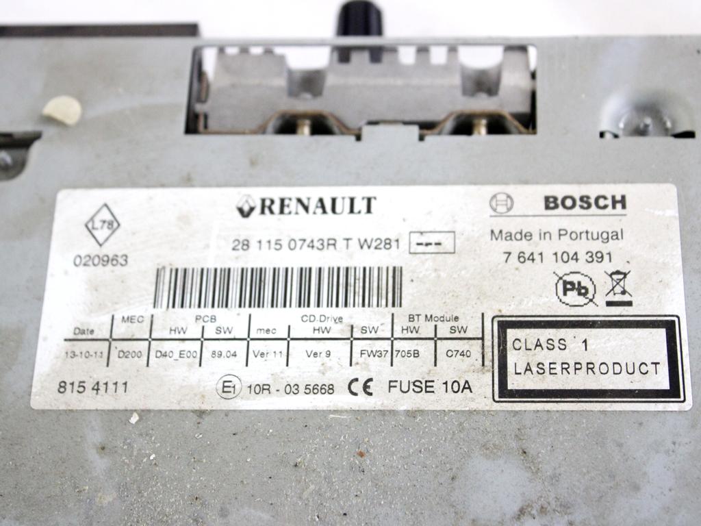 281150743R AUTORADIO RENAULT MEGANE SW 1.5 D 81KW 6M 5P (2012) RICAMBIO USATO (NON FORNIAMO CODICI AUTORADIO, MA SOLO NUMERO DI TELAIO VEICOLO)