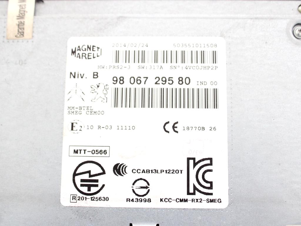 9806729580 AUTORADIO CON SISTEMA DI NAVIGAZIONE SATELLITARE PEUGEOT 208 1.4 D 50KW 5M 5P (2014) RICAMBIO USATO (NON FORNIAMO CODICE AUTORADIO, MA SOLO NUMERO DI TELAIO VEICOLO)