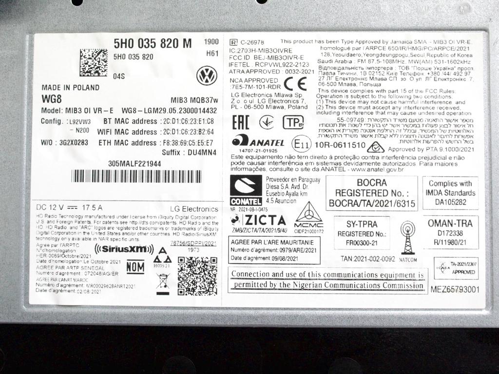 5H0035820M CENTRALINA GPS MODULO NAVIGAZIONE SATELLITARE VOLKSWAGEN GOLF 8 GTD 2.0 D 147KW 5P (2023) RICAMBIO USATO