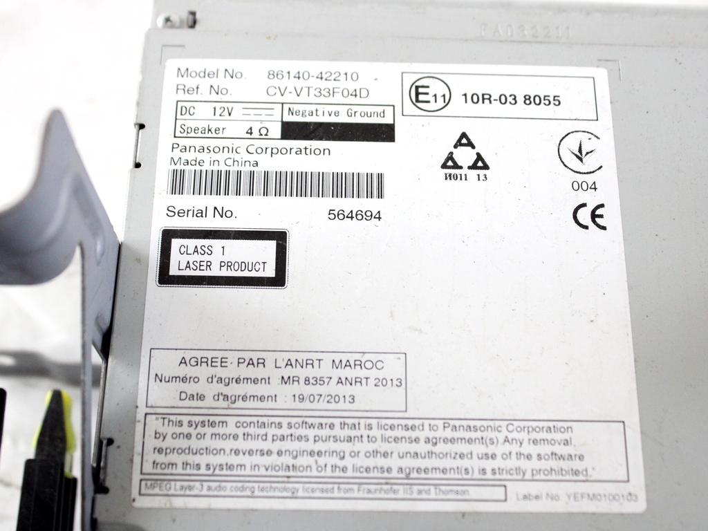 86140-42210 AUTORADIO CON SISTEMA DI NAVIGAZIONE SATELLITARE TOYOTA RAV 4 2.0 D 91KW 5P (2017) RICAMBIO USATO (NON FORNIAMO CODICE AUTOARADIO, MA SOLO NUMERO DI TELAIO VEICOLO)