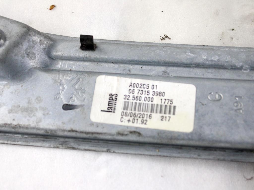 9673153980 MECCANISMO ALZA-VETRO ALZA-CRISTALLO PORTA POSTERIORE SINISTRA MANUALE PEUGEOT 208 1.6 D 55KW 5M 5P (2017) RICAMBIO USATO
