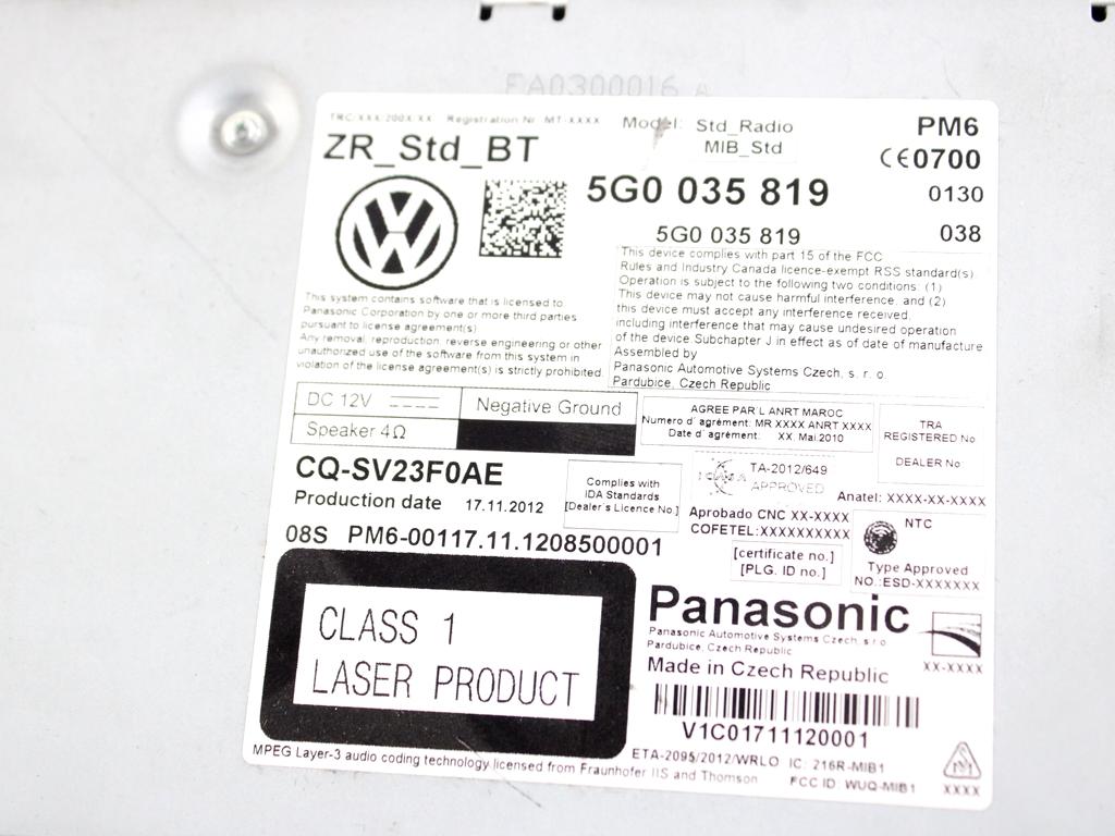 5G0035819 CENTRALINA AUTORADIO LETTORE CD VOLKSWAGEN GOLF 7 2.0 D 110KW 6M 5P (2013) RICAMBIO USATO 