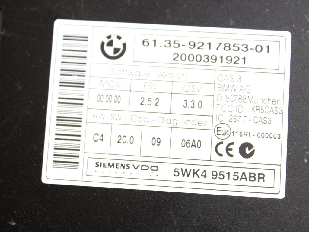 8506438 KIT ACCENSIONE AVVIAMENTO BMW SERIE 3 320 D E91 SW 2.0 D 130KW AUT 5P (2010) RICAMBIO USATO CON CENTRALINA INIEZIONE MOTORE, BLOCCHETTI ACCENSIONE APERTURA CON CHIAVE 61359217853
