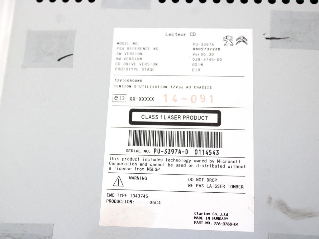 98057372ZD CENTRALINA AUTORADIO LETTORE CD CITROEN C4 PICASSO 1.6 D 85KW 6M 5P (2014) RICAMBIO USATO
