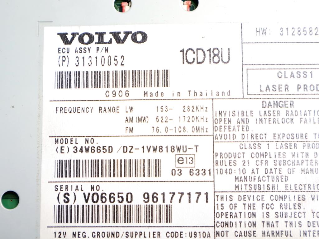 31310052 AUTORADIO VOLVO V50 SW 2.0 D 100KW 6M 5P (2009) RICAMBIO USATO (NON FORNIAMO CODICE AUTORADIO, MA SOLO NUMERO DI TELAIO VEICOLO)
