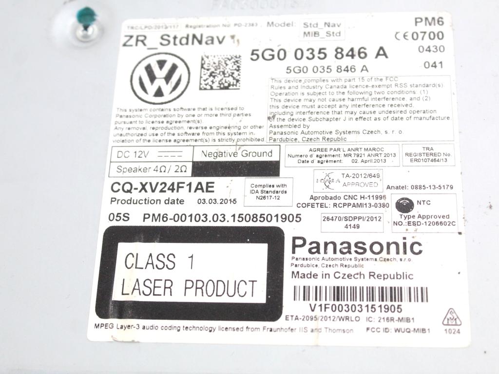 5G0035846A CENTRALINA MULTIMEDIALE SISTEMA DI NAVIGAZIONE SATELLITARE VOLKSWAGEN GOLF 7 1.4 M 81KW 6M 5P (2015) RICAMBIO USATO 