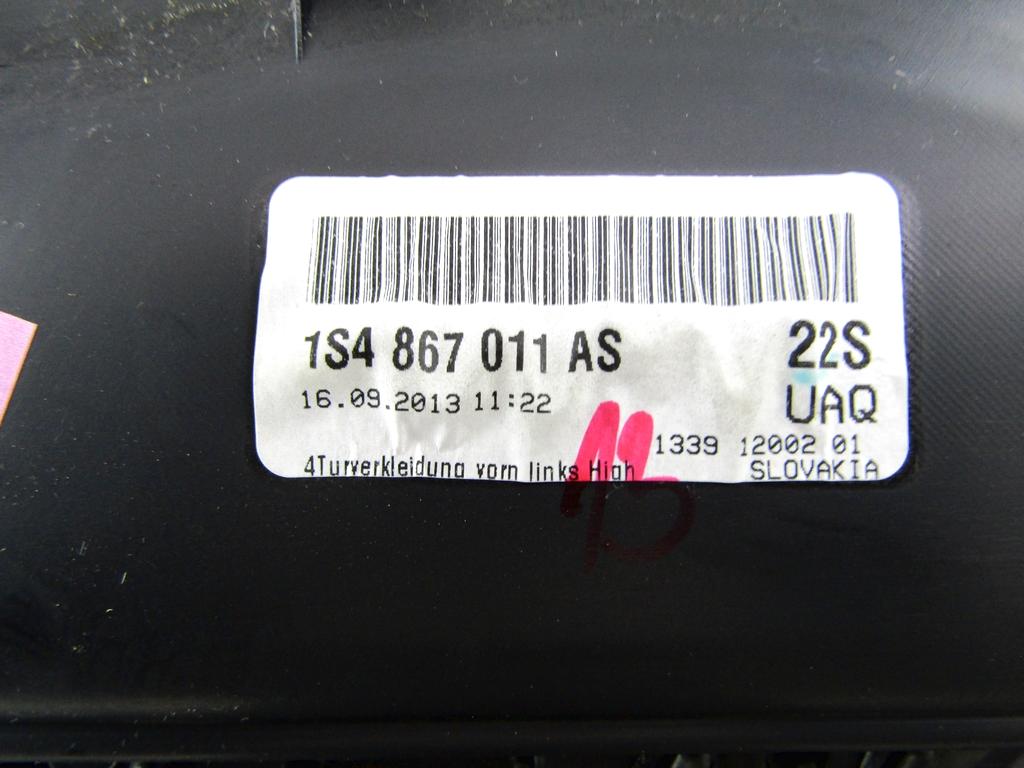 1S4867011AS PANNELLO INTERNO PORTA ANTERIORE SINISTRA VOLKSWAGEN UP 1.0 M 50KW 5M 5P (2013) RICAMBIO USATO
