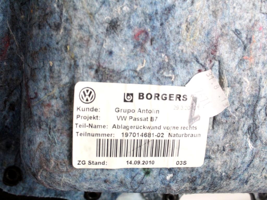 3AB867012EOJW PANNELLO INTERNO PORTA ANTERIORE DESTRA CON RIVESTIMENTO IN PELLE VOLKSWAGEN PASSAT SW 1.4 M 110KW AUT 5P (2013) RICAMBIO USATO