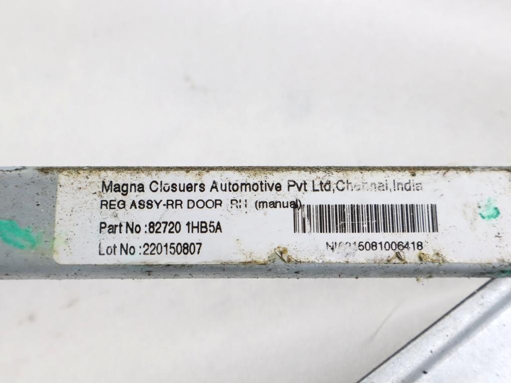 827201HB5A MECCANISMO ALZA-VETRO ALZA-CRISTALLO PORTA POSTERIORE DESTRA MANUALE NISSAN MICRA 1.2 B 59KW 5M 5P (2015) RICAMBIO USATO 827311HB1A