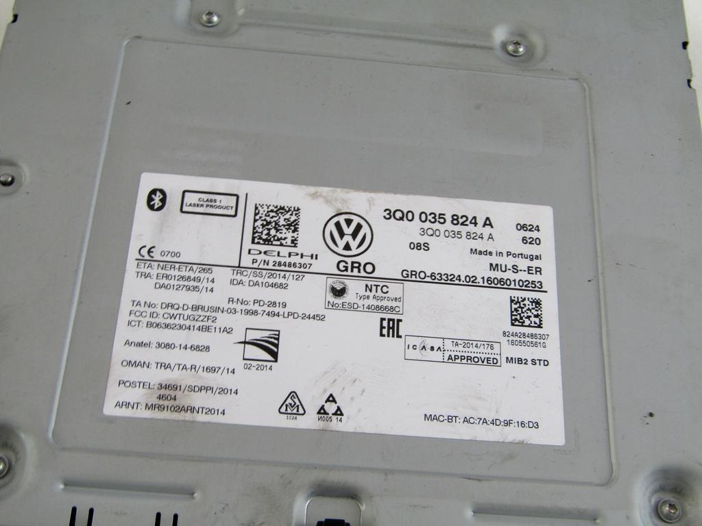 3Q0035824A CENTRALINA LETTORE CD SISTEMA MULTIMEDIALE VOLKSWAGEN GOLF 7 2.0 D 110KW 6M 5P (2016) RICAMBIO USATO CON LETTORE SD