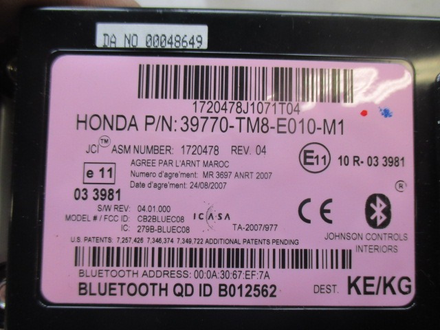 RACUNALNIK TELEFONA  OEM N. 39770TM8E010M1 ORIGINAL REZERVNI DEL HONDA INSIGHT ZE MK2 (2009 - 10/2013) IBRIDO (ELETRICO-BENZINA) LETNIK 2009