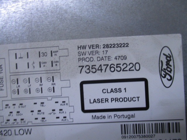 RADIO CD / OJACEVALNIK / IMETNIK HIFI OEM N. 7354765220 ORIGINAL REZERVNI DEL FORD KA RU8 MK2 (2008 - 2016) BENZINA LETNIK 2010