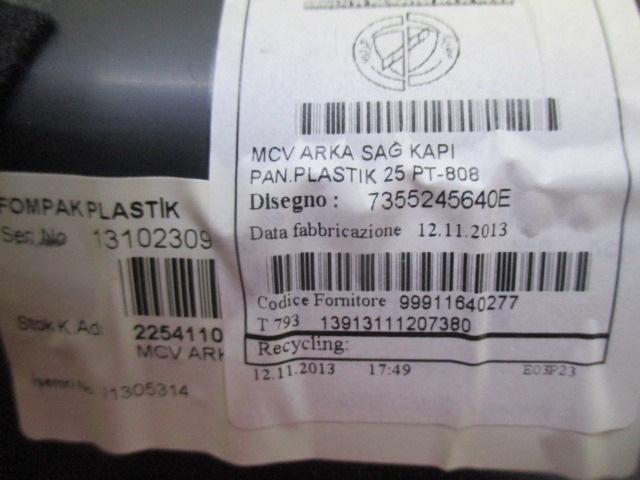 VRATNI PANEL OEM N. PNPDTFTQUBO255MV5P ORIGINAL REZERVNI DEL FIAT FIORINO / QUBO 255 (2008 - 2019) BENZINA/METANO LETNIK 2013